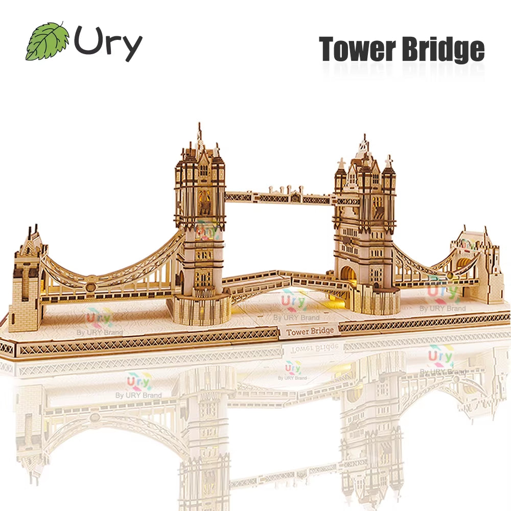 3D Wooden Puzzle England London Tower Bridge with Light LED Retro Assembly Souvenir Kits for Adult DIY Model Decoration Gift