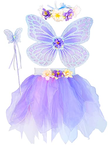 DJDLPARTY Girls Fairy Costume Set with Butterfly Wings Tutu Wand and Halo Headband (light purple, 3-6 Years old)