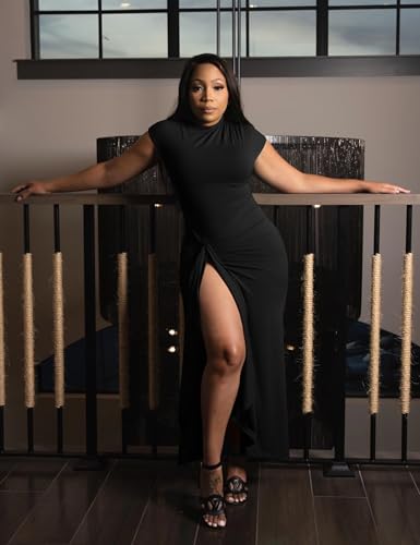 YMDUCH Women's Casual Short Sleeve Boat Neck Ruched High Split Bodycon Long Formal Dress Black