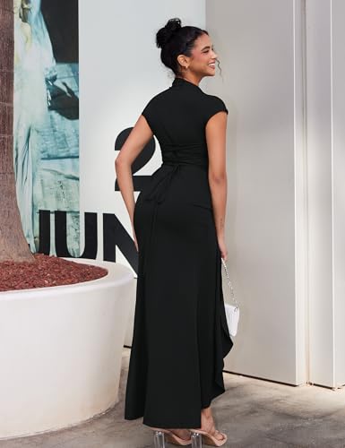 YMDUCH Women's Casual Short Sleeve Boat Neck Ruched High Split Bodycon Long Formal Dress Black