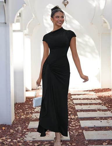 YMDUCH Women's Casual Short Sleeve Boat Neck Ruched High Split Bodycon Long Formal Dress Black