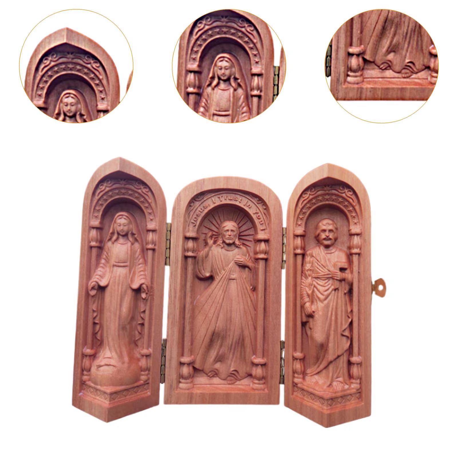 Wood Carving Ornaments Small Catholic Religious Decor Portable Holy Family Box for Bedroom Table Desktop Living Room Decoration