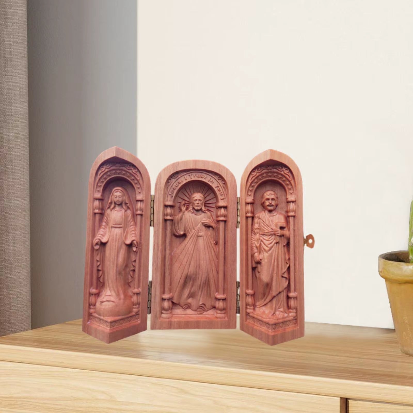 Wood Carving Ornaments Small Catholic Religious Decor Portable Holy Family Box for Bedroom Table Desktop Living Room Decoration