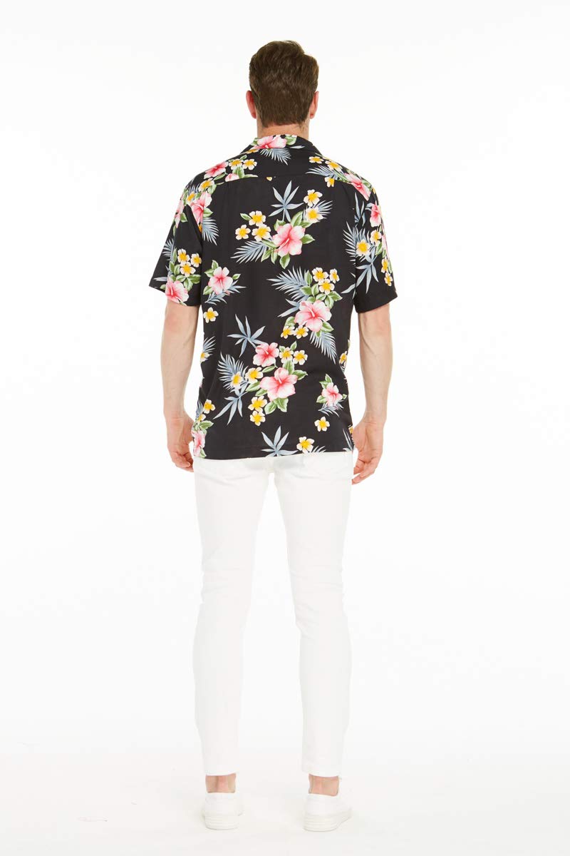 Matchable Couple Hawaiian Luau Shirt in Hibiscus Black, Men, S
