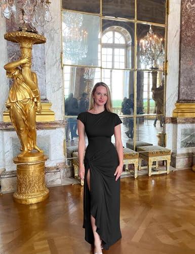 YMDUCH Women's Casual Short Sleeve Boat Neck Ruched High Split Bodycon Long Formal Dress Black