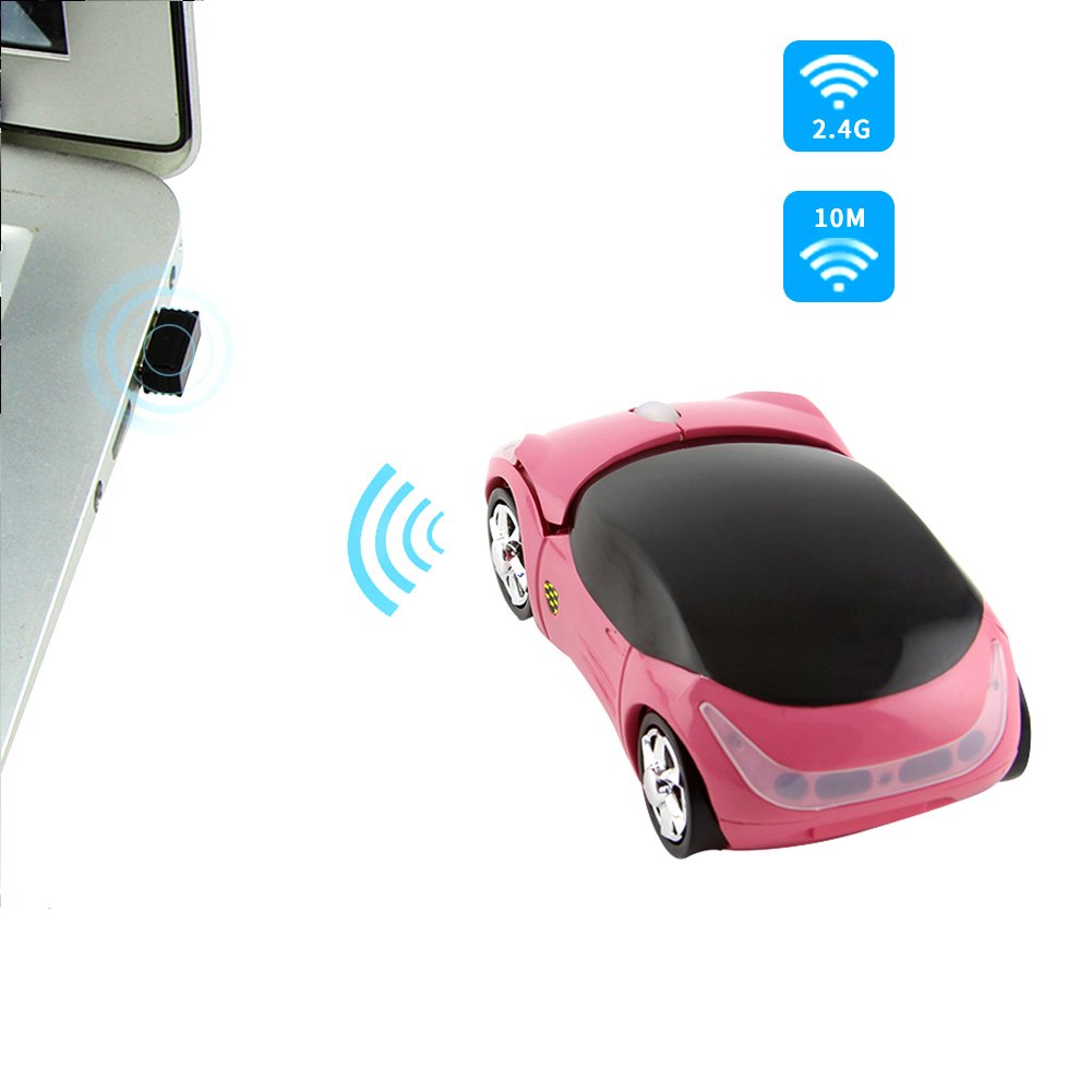 Usbkingdom Wireless Mouse, 2.4GHz Car Shaped Wireless Pink Mouse Cool 3D Ergonomic Optical Gaming Mice with USB Receiver for PC Laptop Computer Kids Girls Small Hands