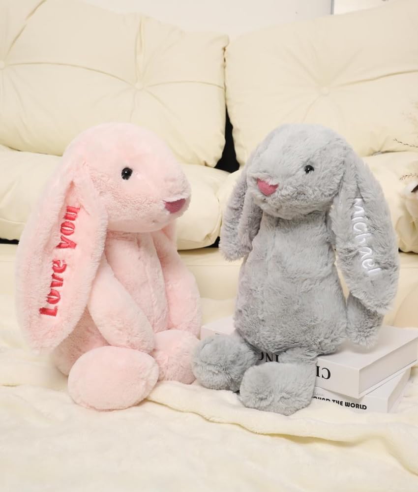 BUGMKCS Personalized Baby Gifts, Bunny Stuffed Animal for Babies with Embroidered Child's Name, Handmade Custom Plush Rabbit Toy for Girl Boy, Customized Cute Baby Items for Newborn, Kids