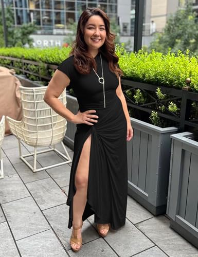 YMDUCH Women's Casual Short Sleeve Boat Neck Ruched High Split Bodycon Long Formal Dress Black