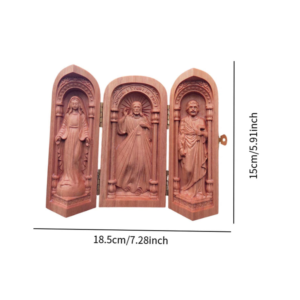 Wood Carving Ornaments Small Catholic Religious Decor Portable Holy Family Box for Bedroom Table Desktop Living Room Decoration