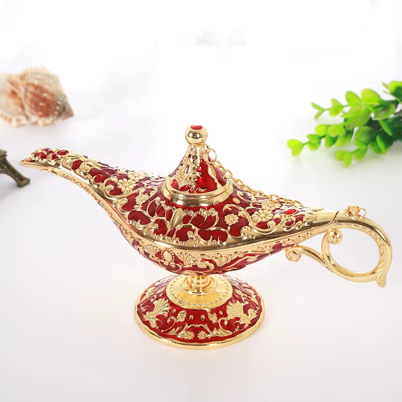 Large Size Colorful Metal Genie Magic Lamp Retro Wishing Oil Lamp Pot Incense Burner Home Decor Collection Souvenir Home Decore