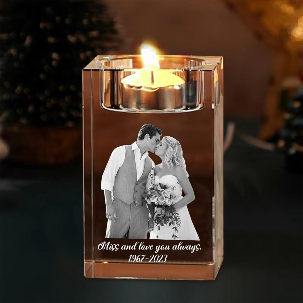 Attention Personalized 3D Photo Crystal Candle Holder, Custom Text Engraving Clear Crystal Holders, Customized Memorial Candle Holder, Gifts for Christmas, Mothers Day, Fathers Day, Anniversary