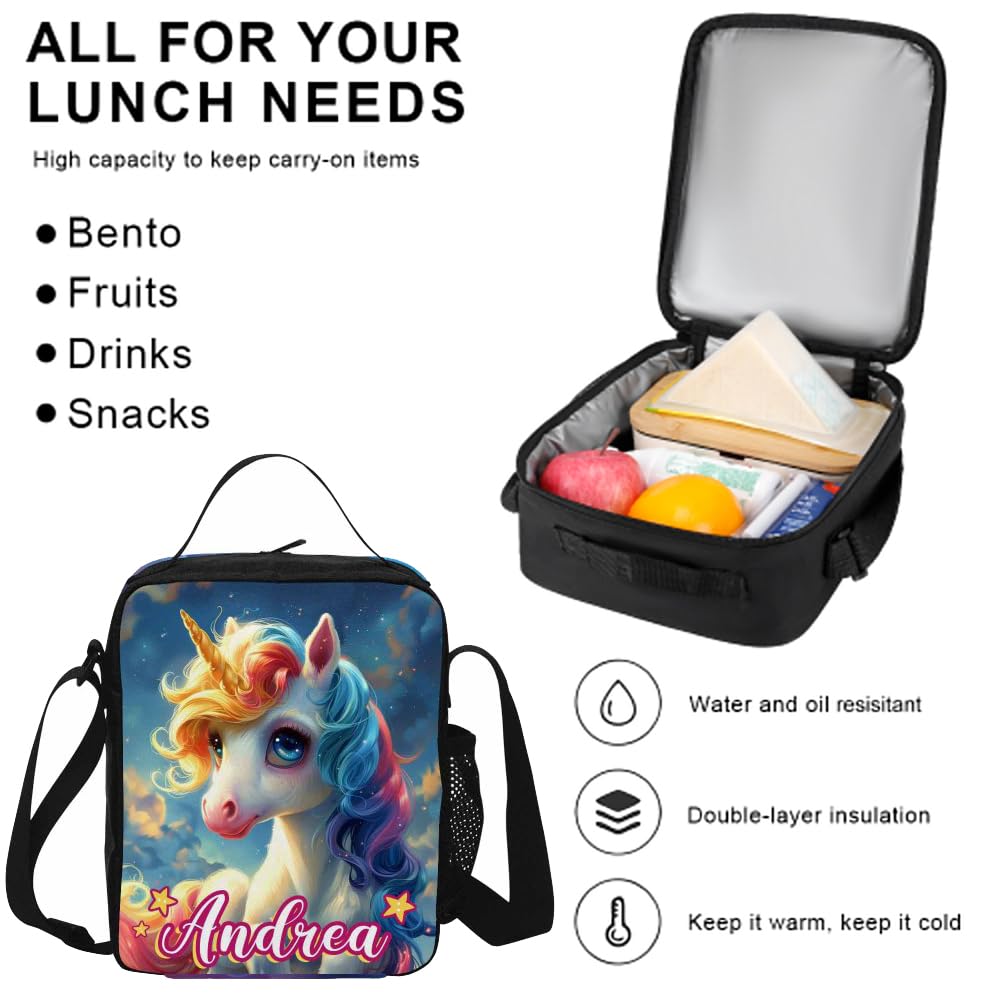 COLORSFORU Personalized Toddler Backpack for Girls with Rainbow Galaxy Unicorn Pattern, Custom Kid's Name School Backpack with Lunch Bag Box for Daughter, Unique Customized Travel School Bag Gifts