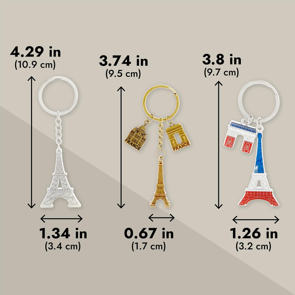 Juvale 6 Pack Paris Keychain, France Souvenir Gift, Eiffel Tower, French Flag, and Arc de Triomphe Metal Key Rings, Ideal Paris Souvenirs from France, Silver/Bronze
