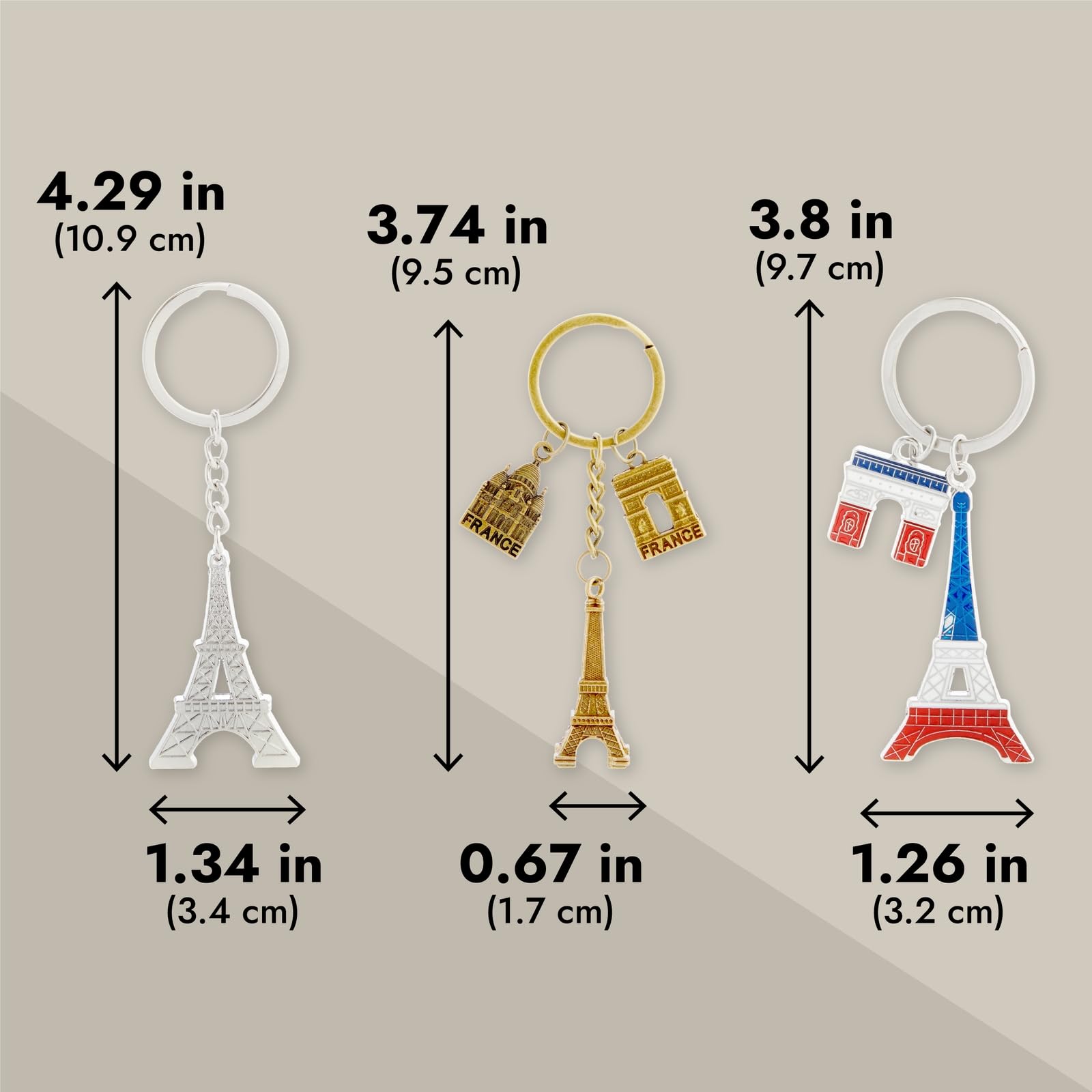 Juvale 6 Pack Paris Keychain, France Souvenir Gift, Eiffel Tower, French Flag, and Arc de Triomphe Metal Key Rings, Ideal Paris Souvenirs from France, Silver/Bronze