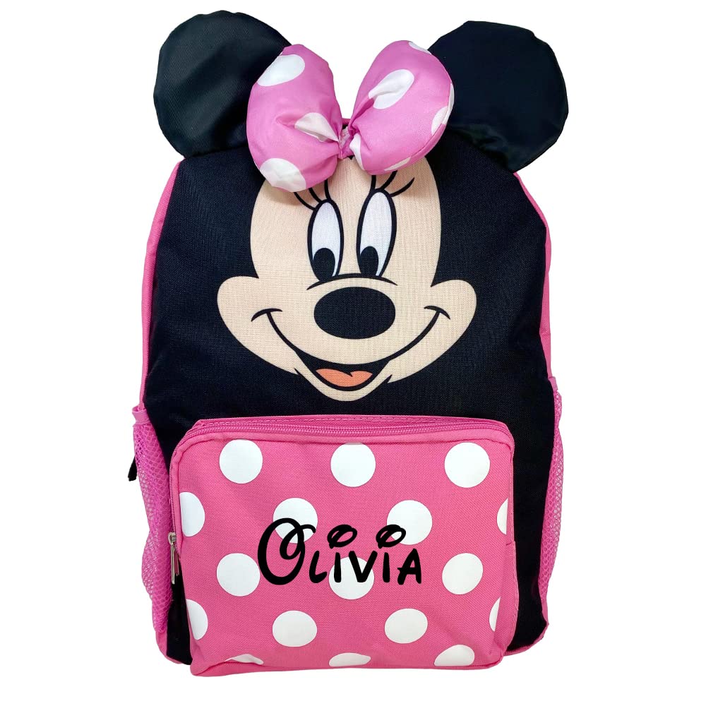 The Trendy Turtle Personalized Backpack made from Disney Minnie Mouse Face with Minnie Bow Pink with White Polka Dots Back to School or Travel Book Bag Backpack - 16 inches