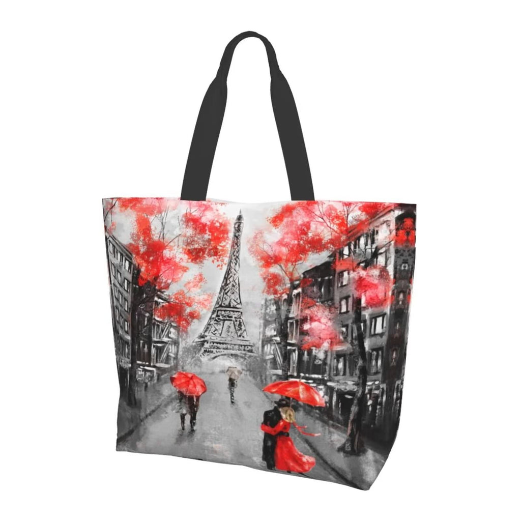 Romantic Eiffel Tower Grocery Bag French Tote Shopping Bag, Stylish Paris Street Gift Bag Paris Reusable Beach Bags Shoulder Bag Handbag