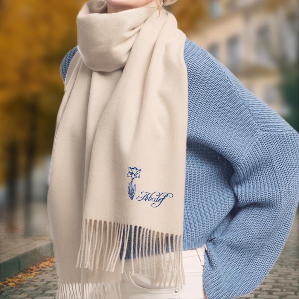 callie Personalized Winter Scarf for Men/Women with Custom Embroidered Birth Flower and Name, Soft Warm Scarf, 8 Colors for Choose, Birthday Gifts Christmas Gifts
