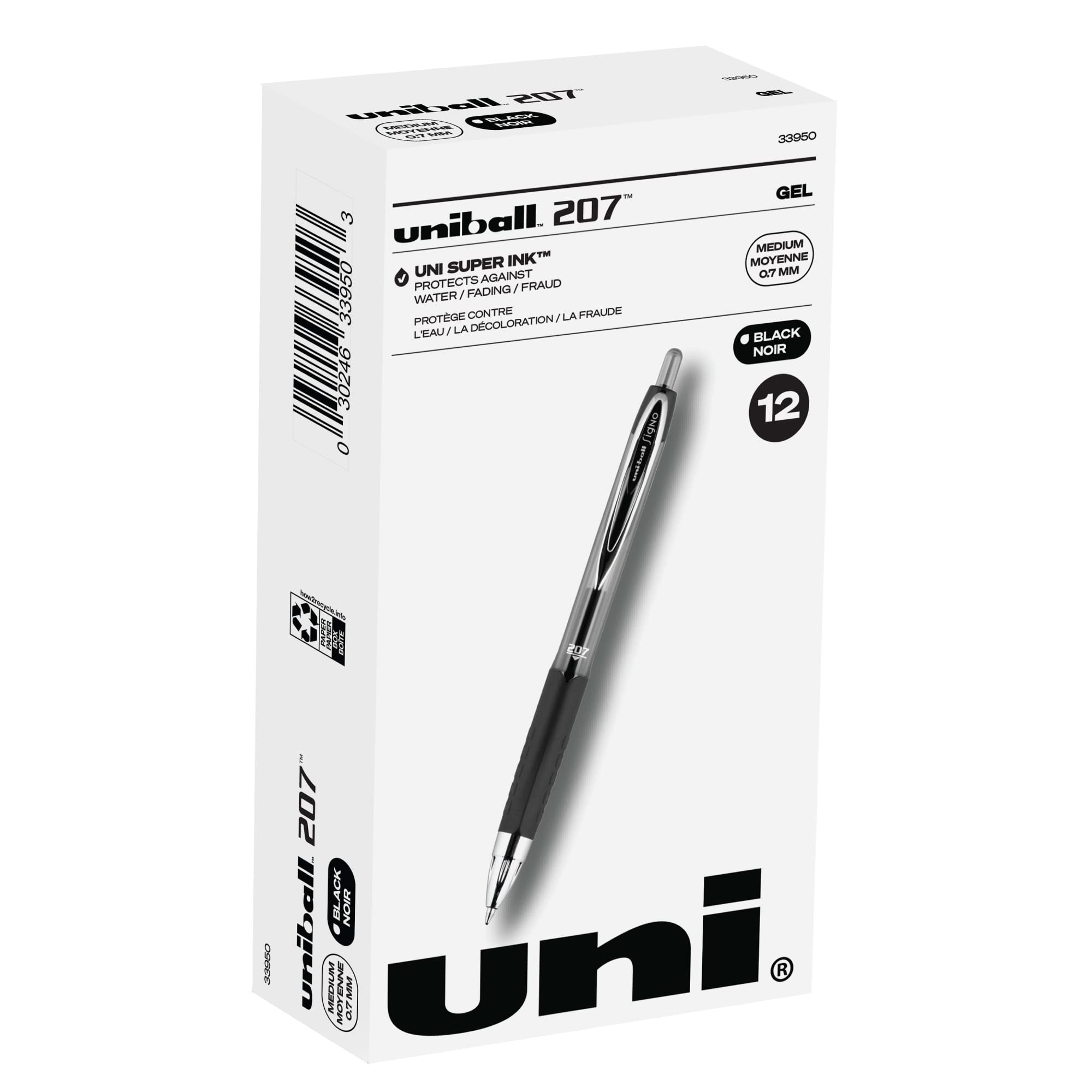 Black Retractable Gel Pens 12 Pack with Medium Points, Uni-Ball 207 Signo Click Pens are Fraud Proof and the Best Office Pens, Nursing Pens, Business Pens, School Pens, and Bible Pens