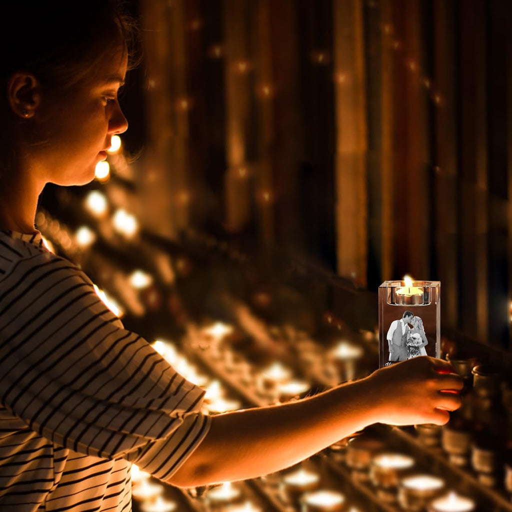 Attention Personalized 3D Photo Crystal Candle Holder, Custom Text Engraving Clear Crystal Holders, Customized Memorial Candle Holder, Gifts for Christmas, Mothers Day, Fathers Day, Anniversary