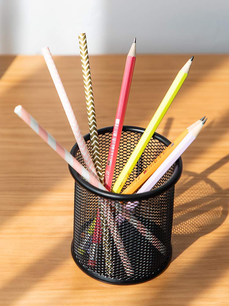 Black Pen Holder Cup for Desk, Black Wire Mesh Pencil Cup Holder for Desk Office Pen Organizer