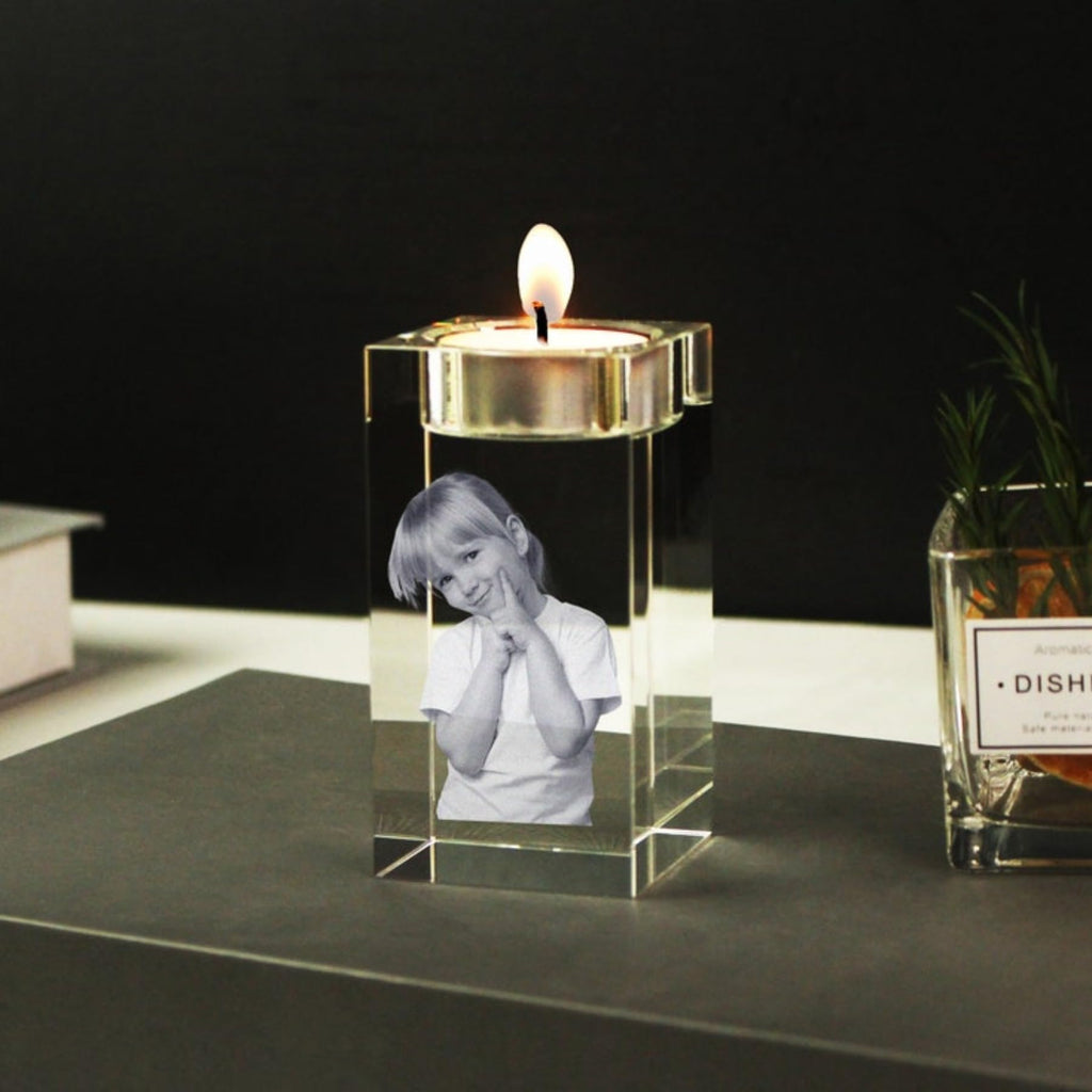 Custom Personalized 3D Laser Engraved Photo Picture K9 Crystal Candle Holder Stand Personalized Photo Engraved Crystal Candelabra (5x5x8cm)