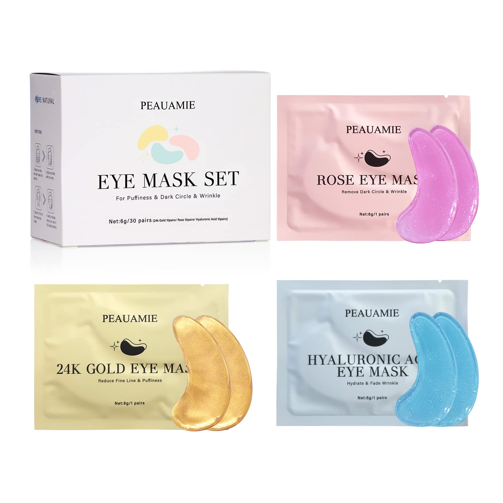 PEAUAMIE Under Eye Patches (30 Pairs) Gold Eye Mask and Hyaluronic Acid Eye Patches for puffy eyes,Rose Eye Masks for Dark Circles and Puffiness under eye skin care Smooth Wrinkles products