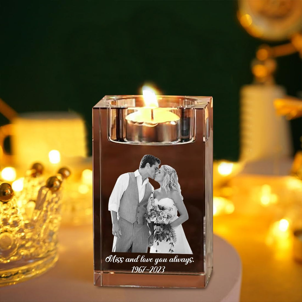 Attention Personalized 3D Photo Crystal Candle Holder, Custom Text Engraving Clear Crystal Holders, Customized Memorial Candle Holder, Gifts for Christmas, Mothers Day, Fathers Day, Anniversary