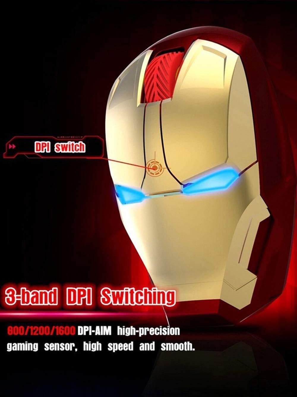 Ergonomic Wireless Mouse Cool Iron Man Mouse 2.4G Portable Mobile Computer Click Silent Mouse Optical Mice with USB Receiver, Black or Golden for Notebook PC Laptop Computer Mac Book, Add a Keychain