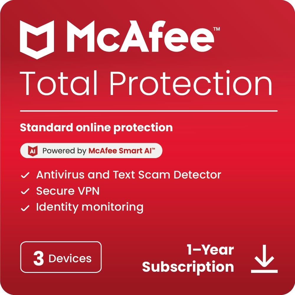 McAfee Total Protection 3-Device 2025 Ready |Security Software Includes Antivirus, Secure VPN, Password Manager, Identity Monitoring | Download