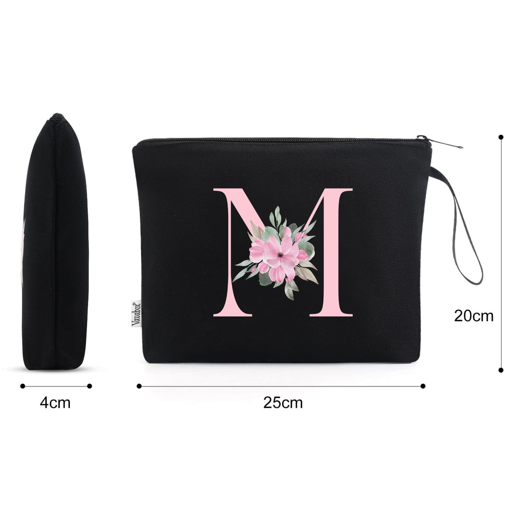 Vavabox A-Z Personalized Makeup Bag,Birthday Gifts for Women Mom,Gifts for Best Friend,Bride Bridesmaid Cosmetic bag (M, Black)