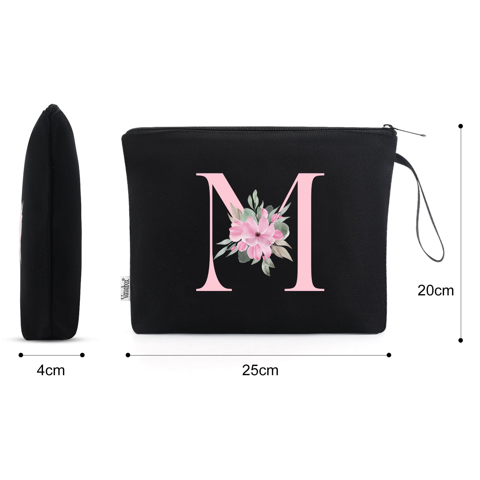 Vavabox A-Z Personalized Makeup Bag,Birthday Gifts for Women Mom,Gifts for Best Friend,Bride Bridesmaid Cosmetic bag (M, Black)