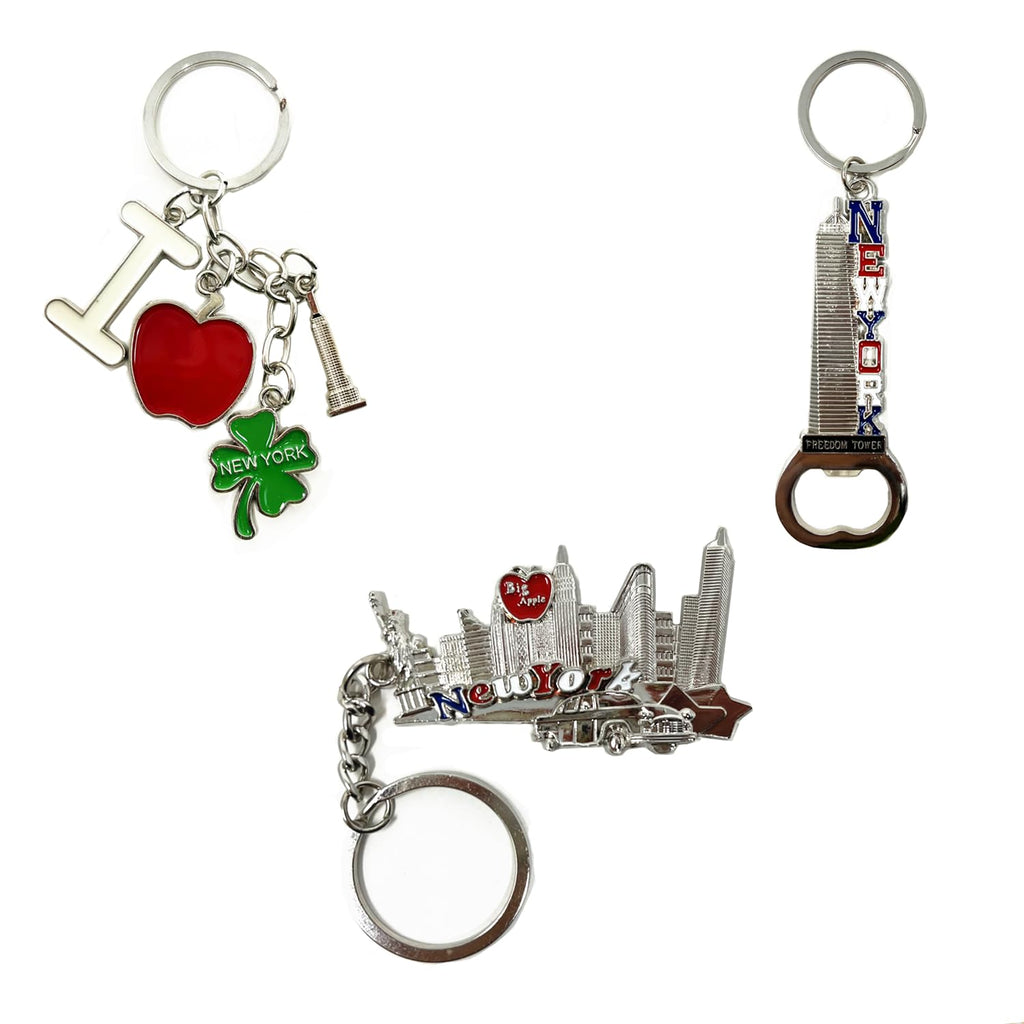 12 Pack Silver NYC Souvenir Collection New York Metal Keychain Ring Bundle Bulk Includes Empire State, Freedom Tower, Statue Of Liberty, USA Flag,NY Cab, Apple, 3 Pc Bottle Opener too And More