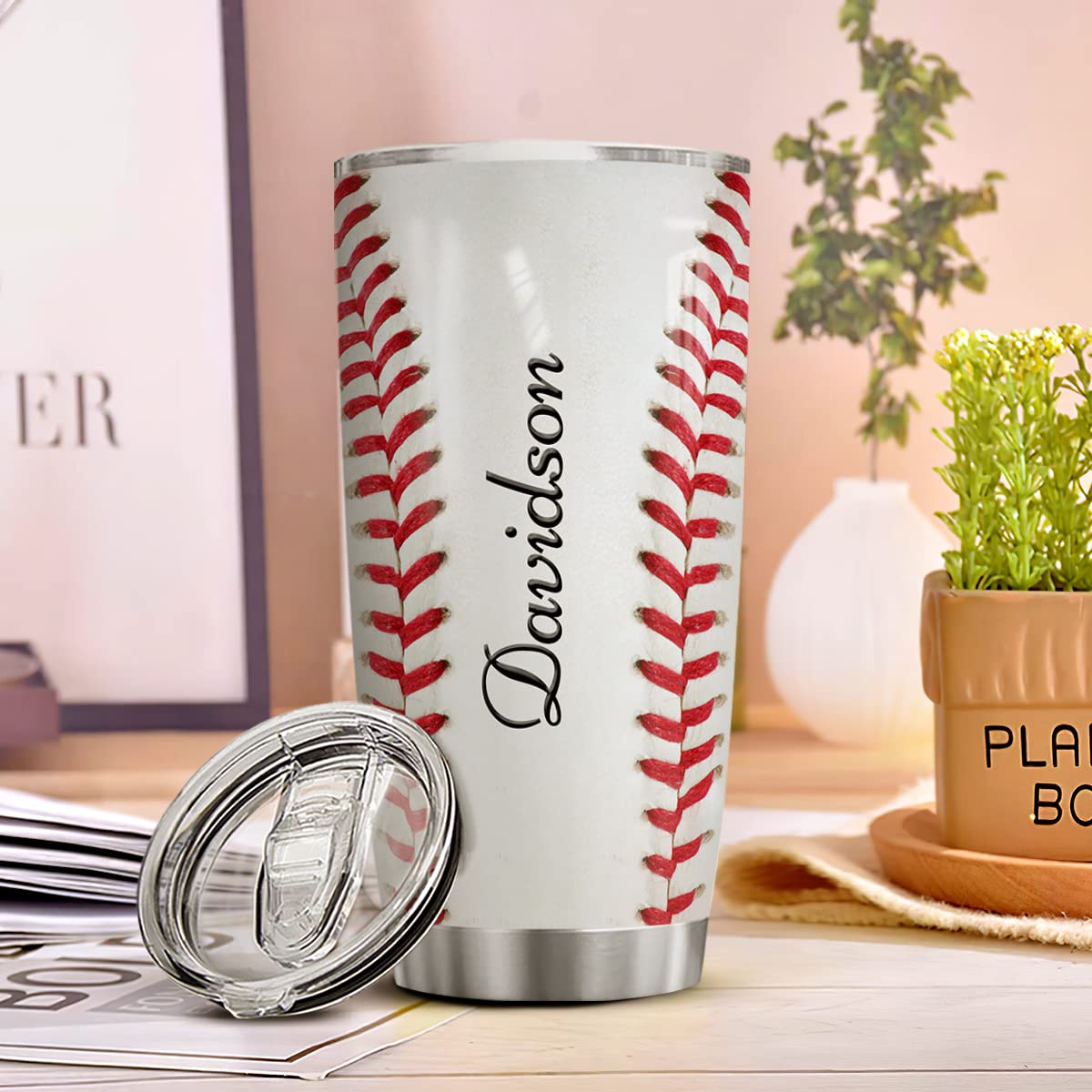 winorax Personalized Baseball Tumbler Stainless Steel Double Wall Vacuum Insulated Tumblers Baseball Gifts for Women Men Fan Coach Sport Lovers Birthday Christmas Mother's Day Father's Day Presents