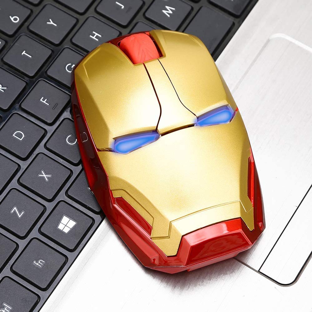 Ergonomic Wireless Mouse Cool Iron Man Mouse 2.4G Portable Mobile Computer Click Silent Mouse Optical Mice with USB Receiver, Black or Golden for Notebook PC Laptop Computer Mac Book, Add a Keychain