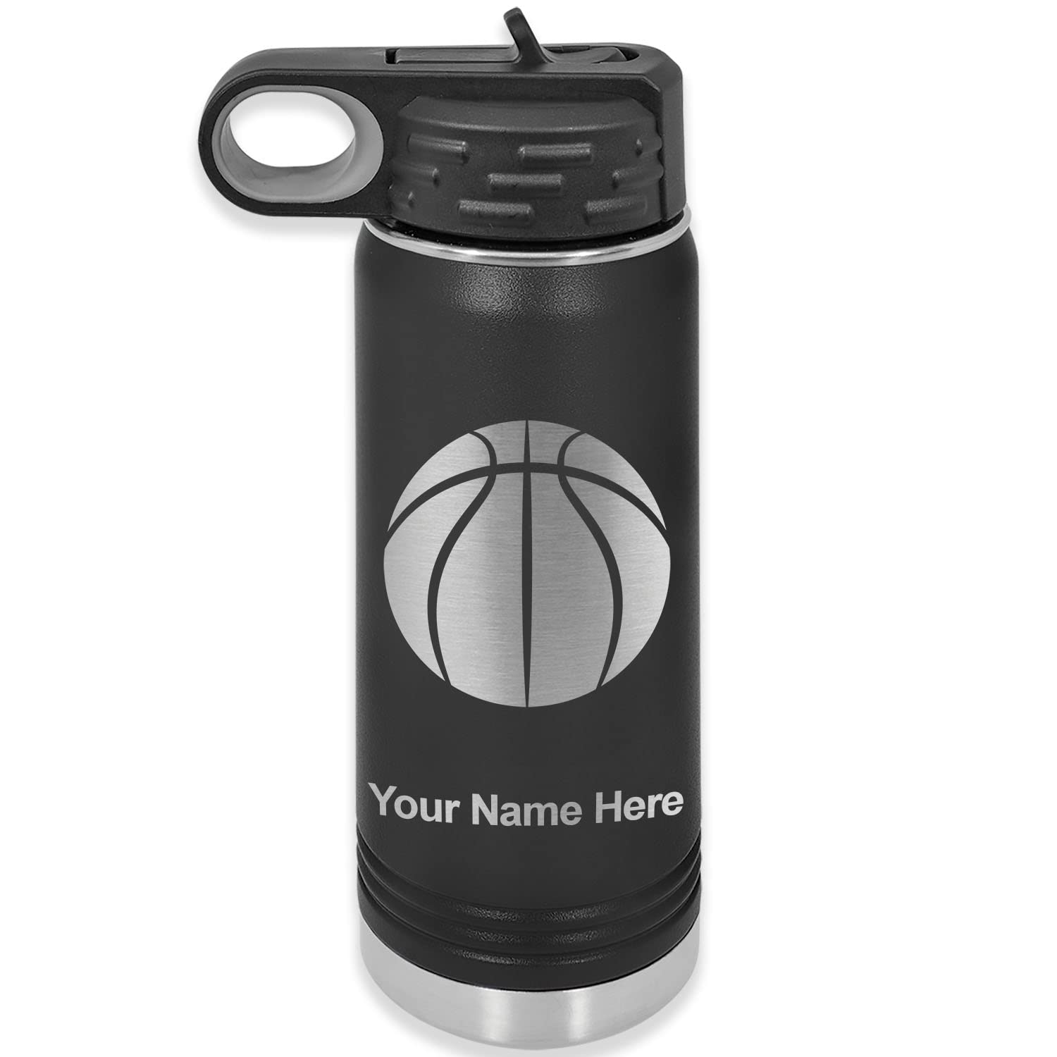 LaserGram Personalized Water Bottle, Basketball Ball, Stainless Steel Double Wall Vacuum Insulated with Flip Top Straw, Custom Engraved Gift (20oz / 590ml Black)