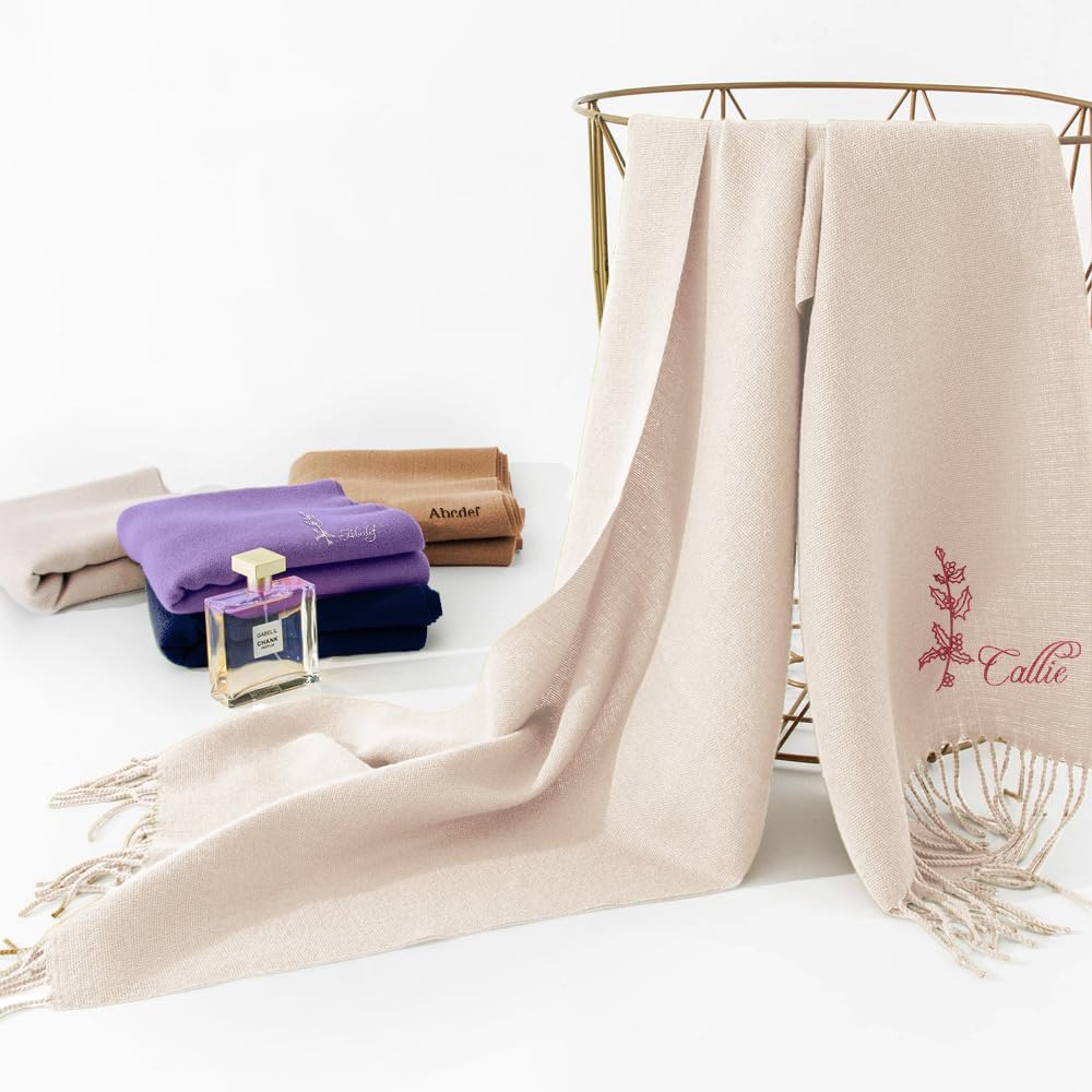 callie Personalized Winter Scarf for Men/Women with Custom Embroidered Birth Flower and Name, Soft Warm Scarf, 8 Colors for Choose, Birthday Gifts Christmas Gifts