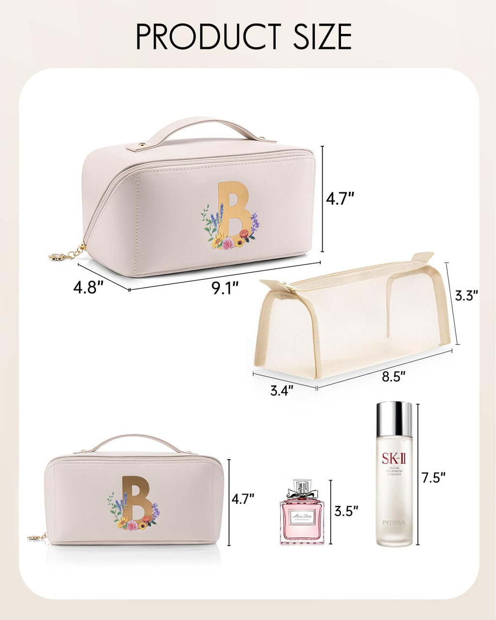 Vlando Christmas Gifts for Women,Personalized Makeup Organizer,Travel Essential Birthday Gifts for Friends Daughter(Letter B)