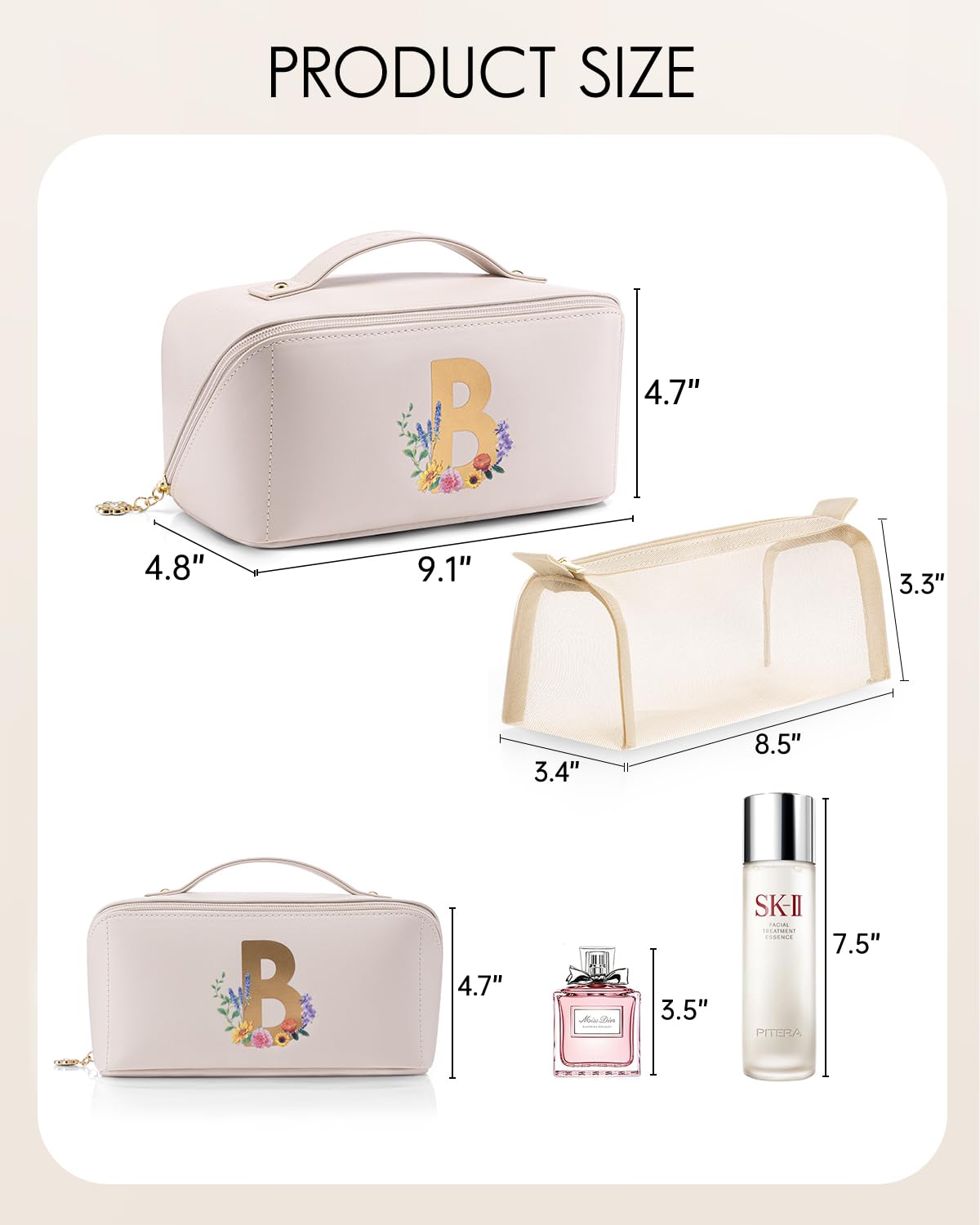 Vlando Christmas Gifts for Women,Personalized Makeup Organizer,Travel Essential Birthday Gifts for Friends Daughter(Letter B)