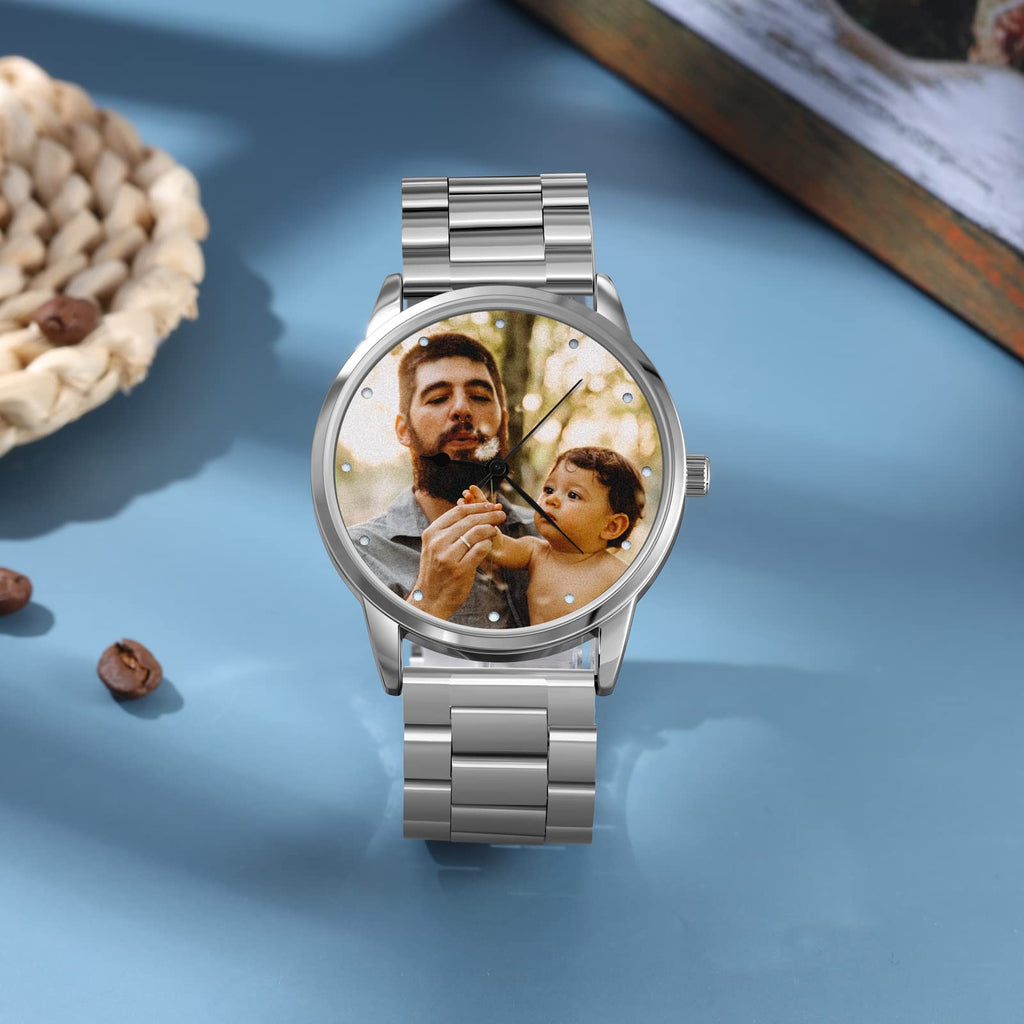 Jeweidea Personalized Photo Watch for Men Custom Engraved Name Picture Watch Stainless Steel Wrist Watch Unique Gift for Dad, Husband (Silver)