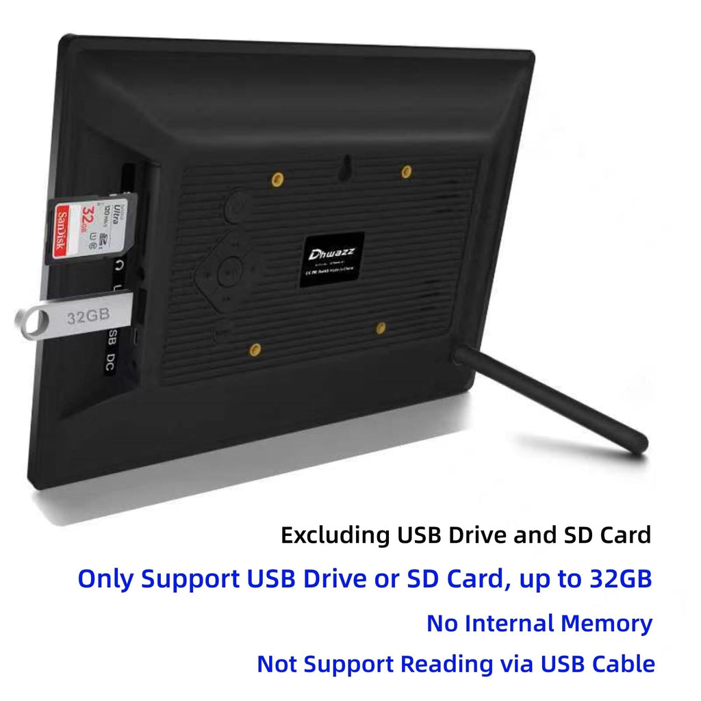 Dhwazz 10.1 Inch USB Digital Picture Frame, Non-WiFi SD Card Smart Photo Frames IPS Screen HD Display with Remote Control, Support Video and Music, Slideshow, Wall Mountable, Easy to use for Seniors
