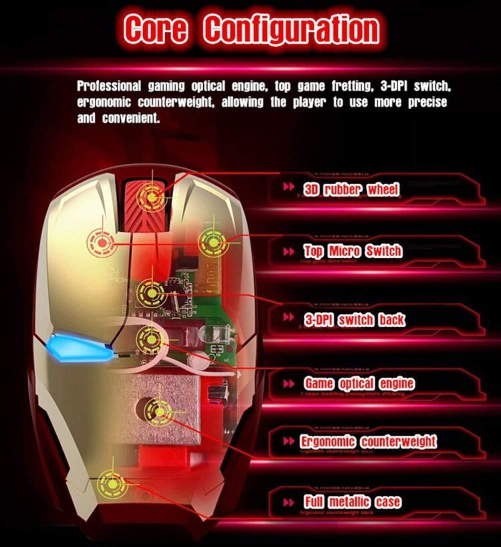 Ergonomic Wireless Mouse Cool Iron Man Mouse 2.4G Portable Mobile Computer Click Silent Mouse Optical Mice with USB Receiver, Black or Golden for Notebook PC Laptop Computer Mac Book, Add a Keychain