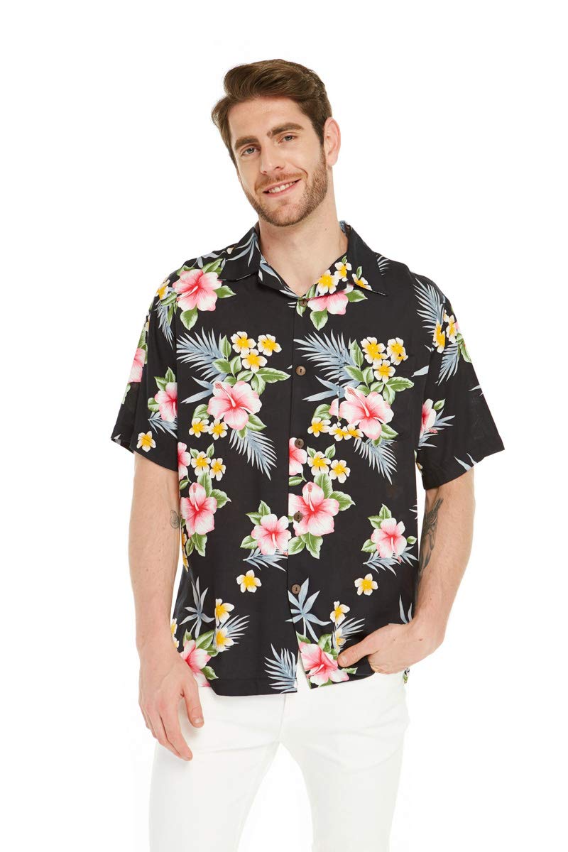 Matchable Couple Hawaiian Luau Shirt in Hibiscus Black, Men, S