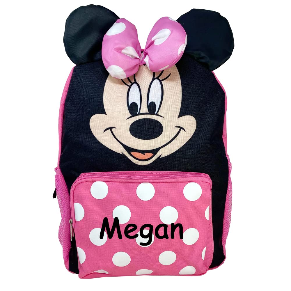 The Trendy Turtle Personalized Backpack made from Disney Minnie Mouse Face with Minnie Bow Pink with White Polka Dots Back to School or Travel Book Bag Backpack - 16 inches
