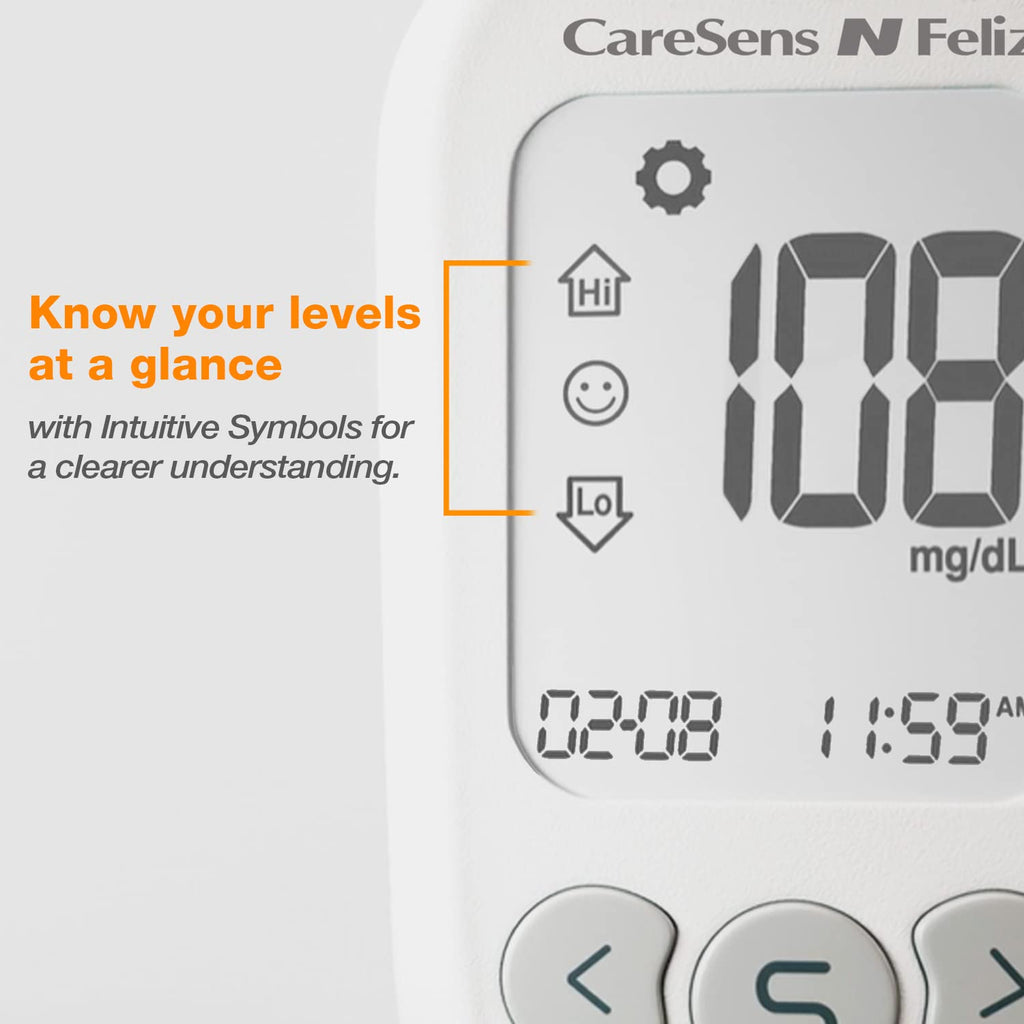 CareSens N Feliz Blood Glucose Monitoring Kit with 100 Blood Sugar Test Strips, 100 Lancets, 1 Blood Glucose Meter, 1 Lancing Device, 1 Control Solution, Travel Case for Diabetes Testing Kit