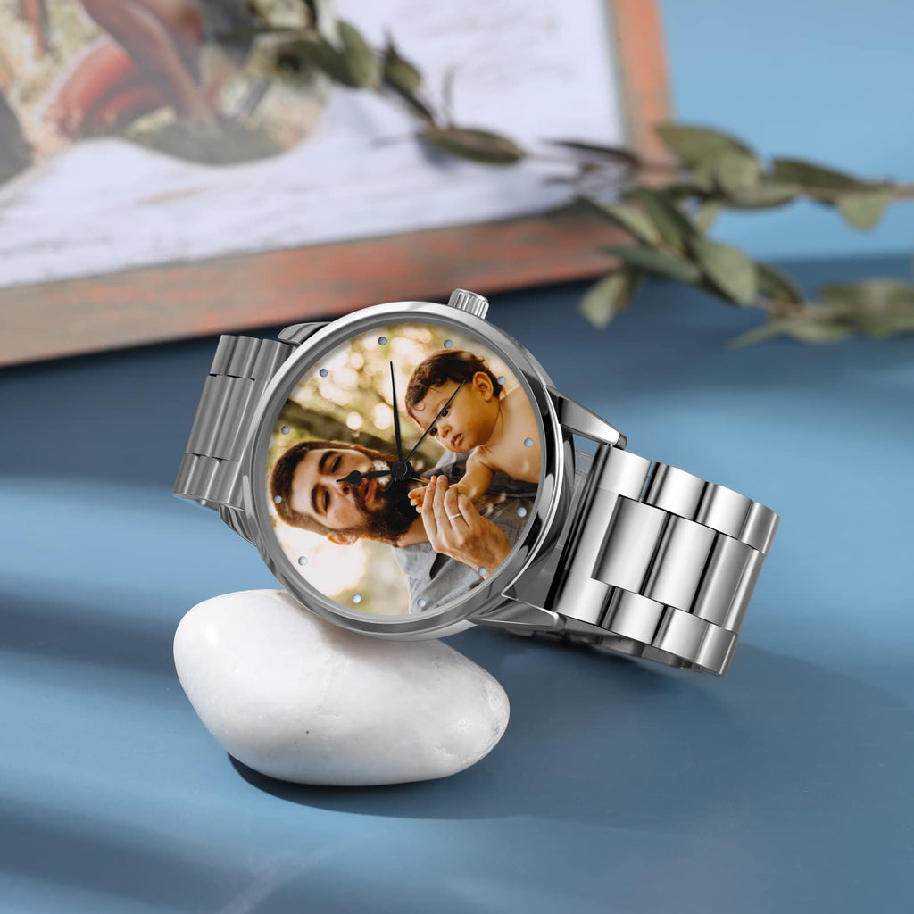 Jeweidea Personalized Photo Watch for Men Custom Engraved Name Picture Watch Stainless Steel Wrist Watch Unique Gift for Dad, Husband (Silver)