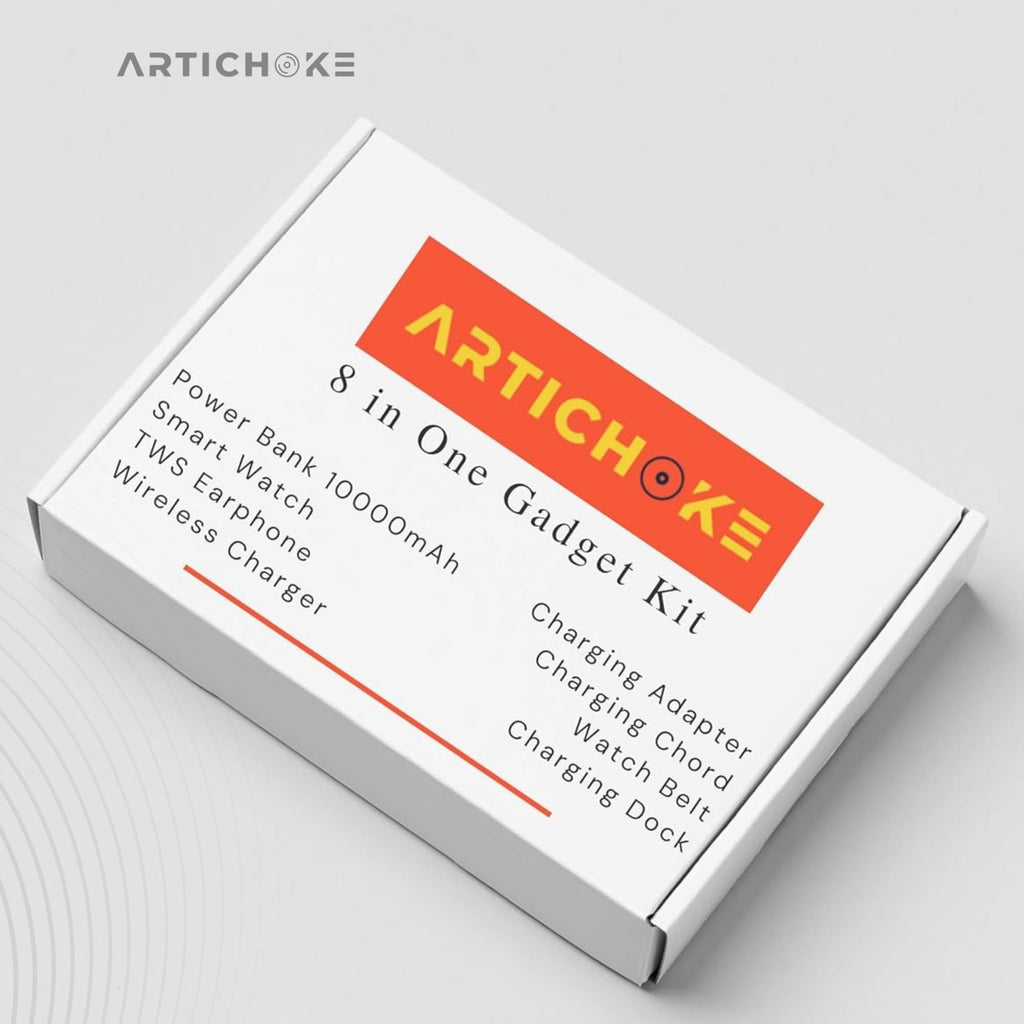 Artichoke 8-in-1 Tech Gadget Kit | Gifts for men - Power Bank 10000mAh, Smart Watch, TWS Earphones, Wireless Charger, Charging Adapter