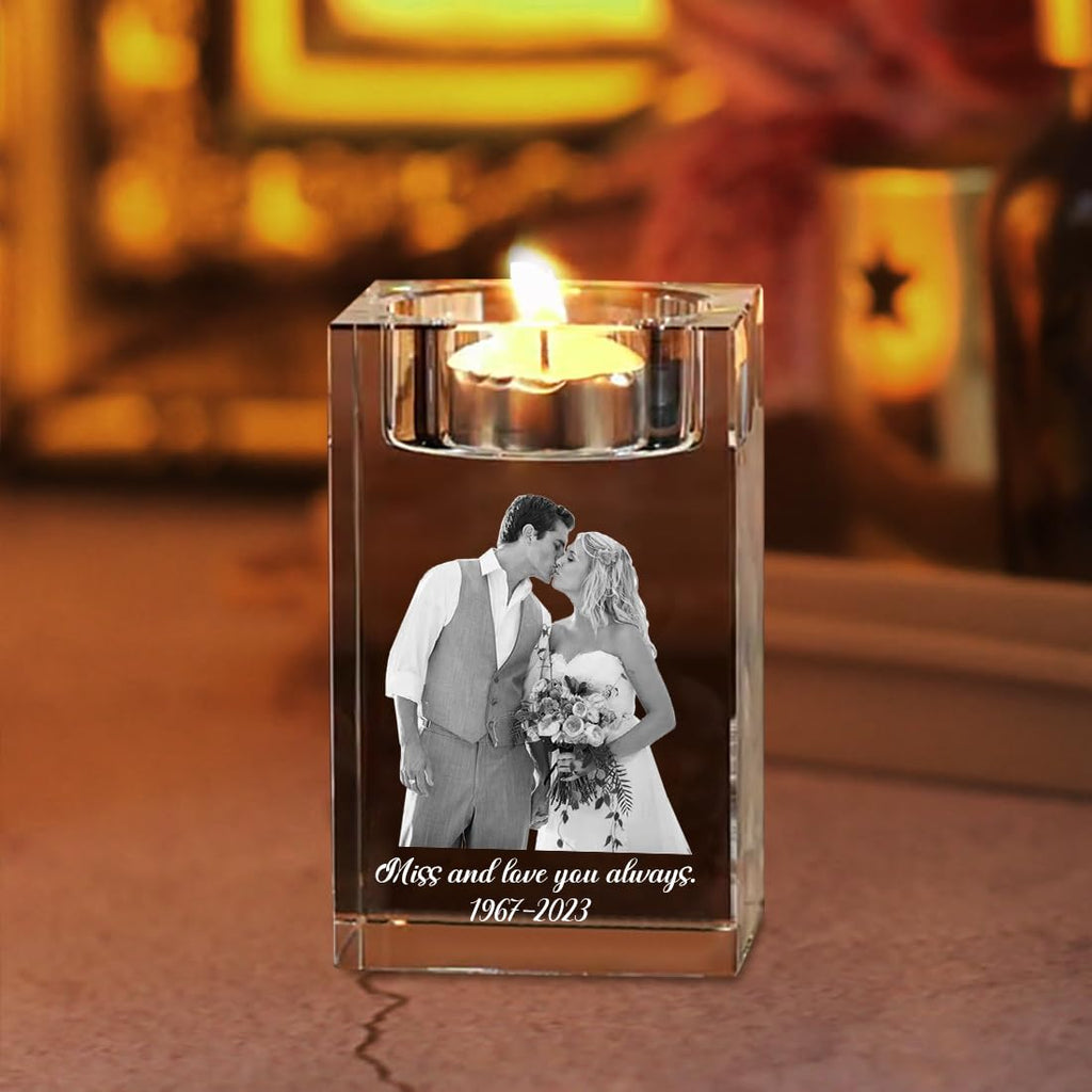 Attention Personalized 3D Photo Crystal Candle Holder, Custom Text Engraving Clear Crystal Holders, Customized Memorial Candle Holder, Gifts for Christmas, Mothers Day, Fathers Day, Anniversary