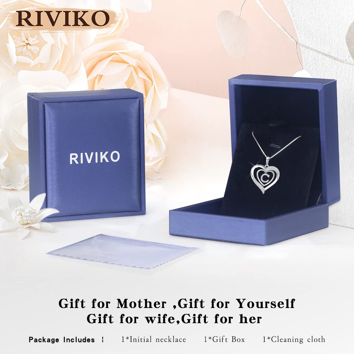 RIVIKO Heart Initial Necklace for Women, 925 Sterling Silver Dainty Letter Pendant Necklaces, Sterling Silver, Cubic Zirconia