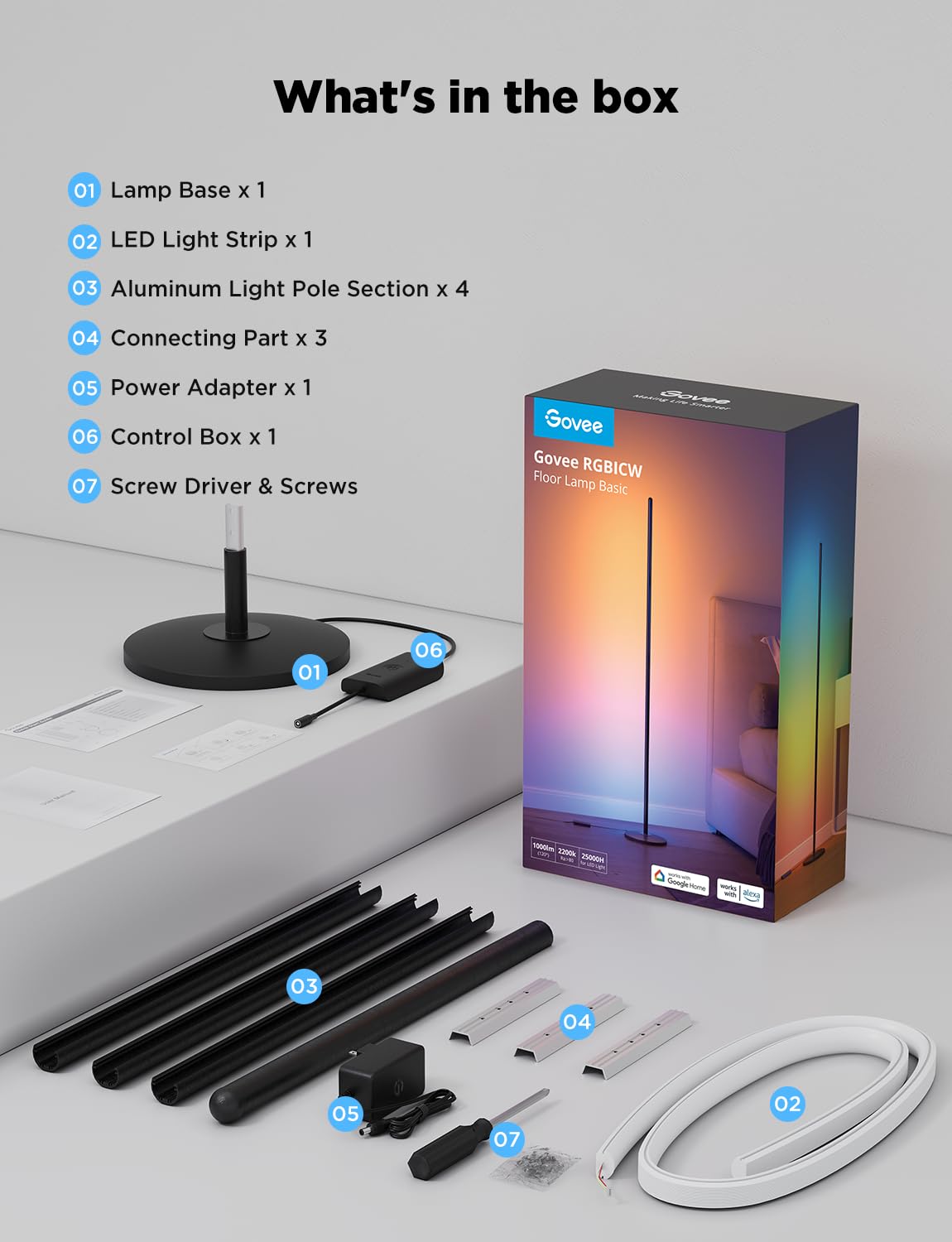 Govee RGBIC Floor Lamp, LED Corner Lamp Works with Alexa, 1000 Lumen Smart Modern Floor Lamp with Music Sync and 16 Million DIY Colors, Color Changing Standing Floor Lamp for Bedroom Living Room Black