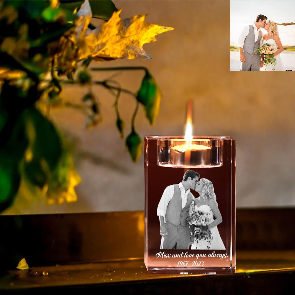 Attention Personalized 3D Photo Crystal Candle Holder, Custom Text Engraving Clear Crystal Holders, Customized Memorial Candle Holder, Gifts for Christmas, Mothers Day, Fathers Day, Anniversary